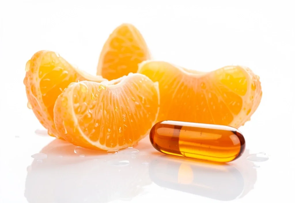 Citrus and vitamin E capsule on a white surface