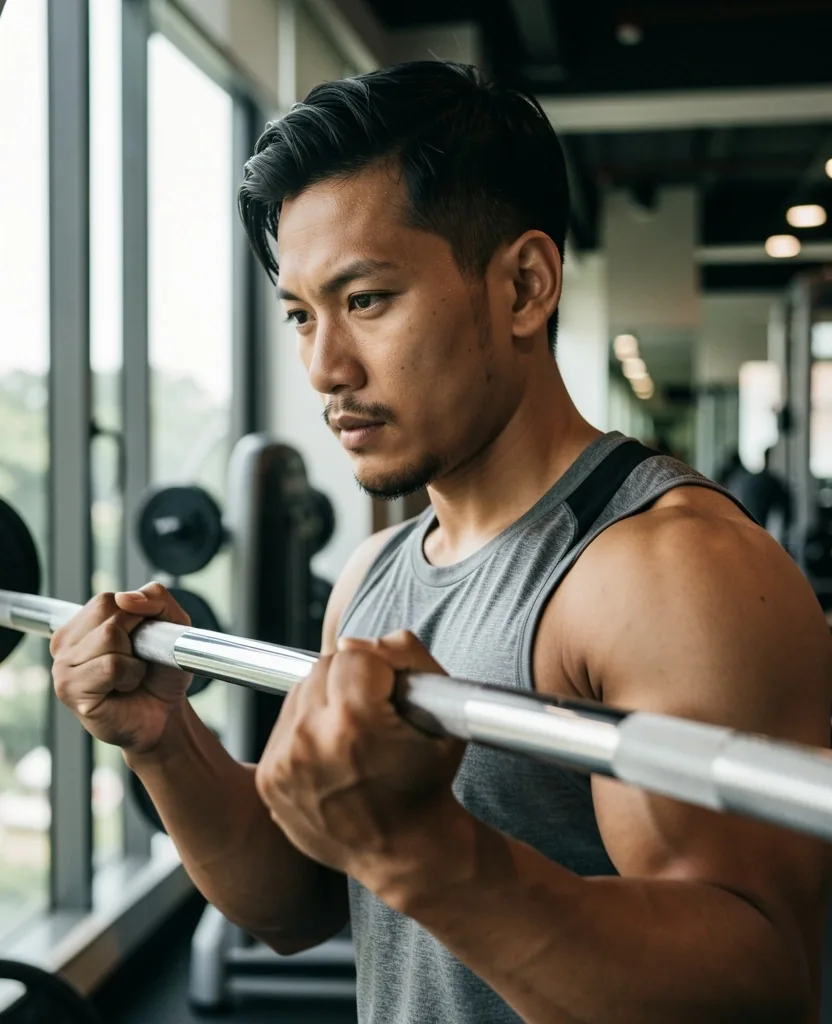 Active Indonesian man focused during a morning workout
