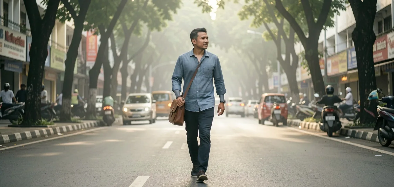 Man walking along a Jakarta street in early morning light