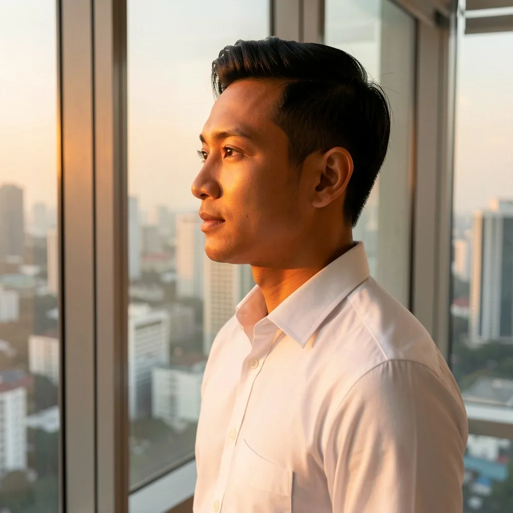 Professional man looking out an office window at golden hour