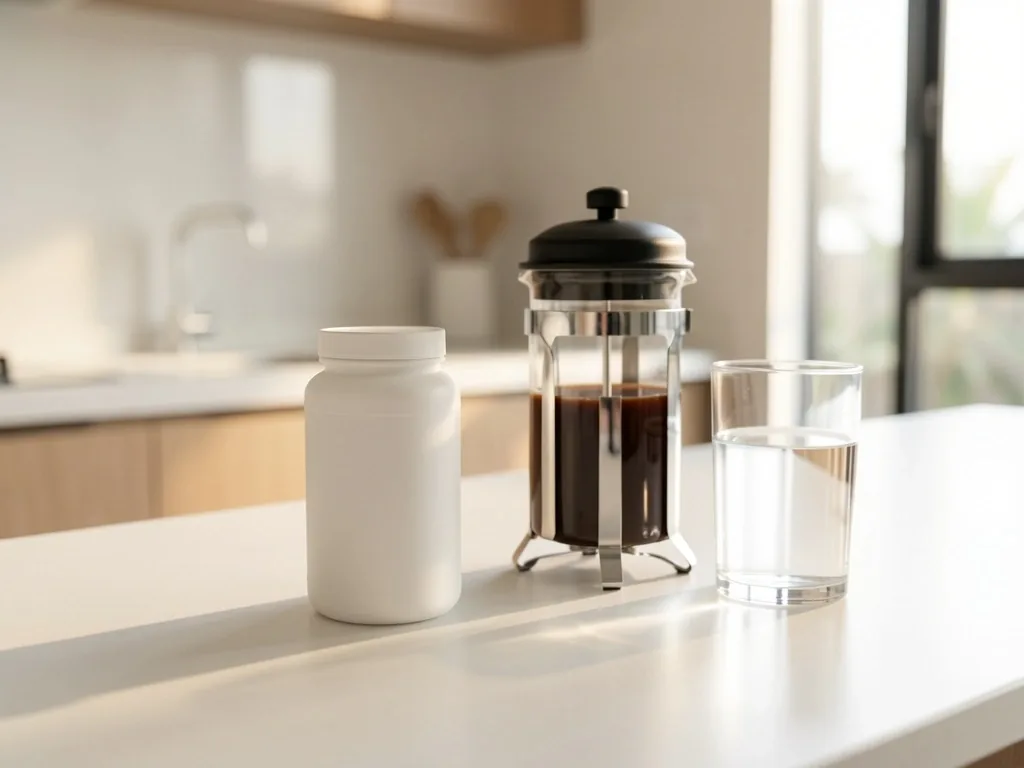 Morning routine with vitamins placed beside coffee machine